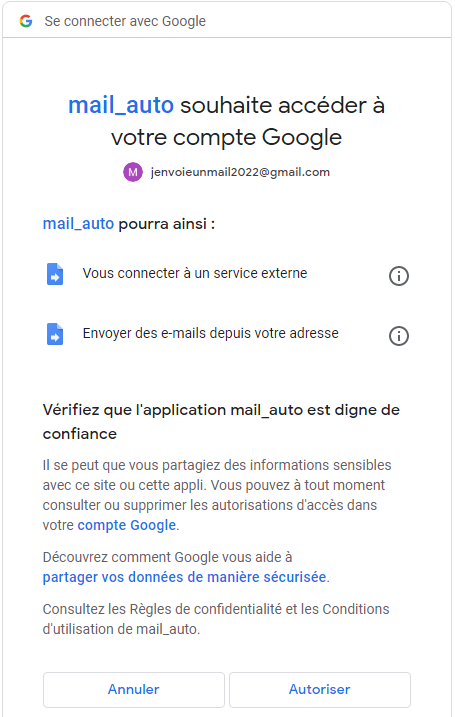 Autoriser l'application dans votre compte Google